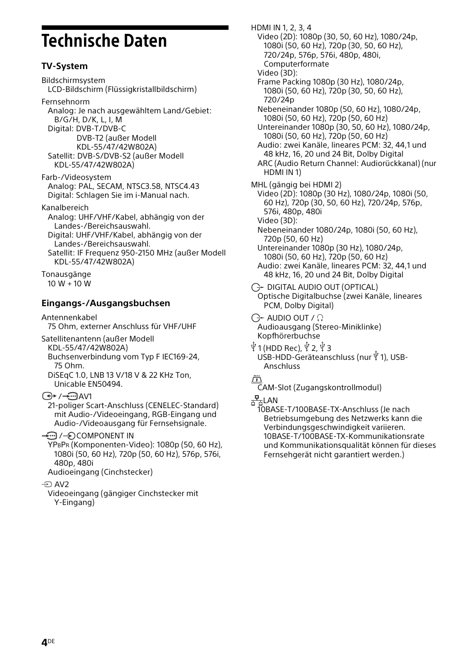 Technische daten | Sony KDL-42W805A User Manual | Page 20 / 92