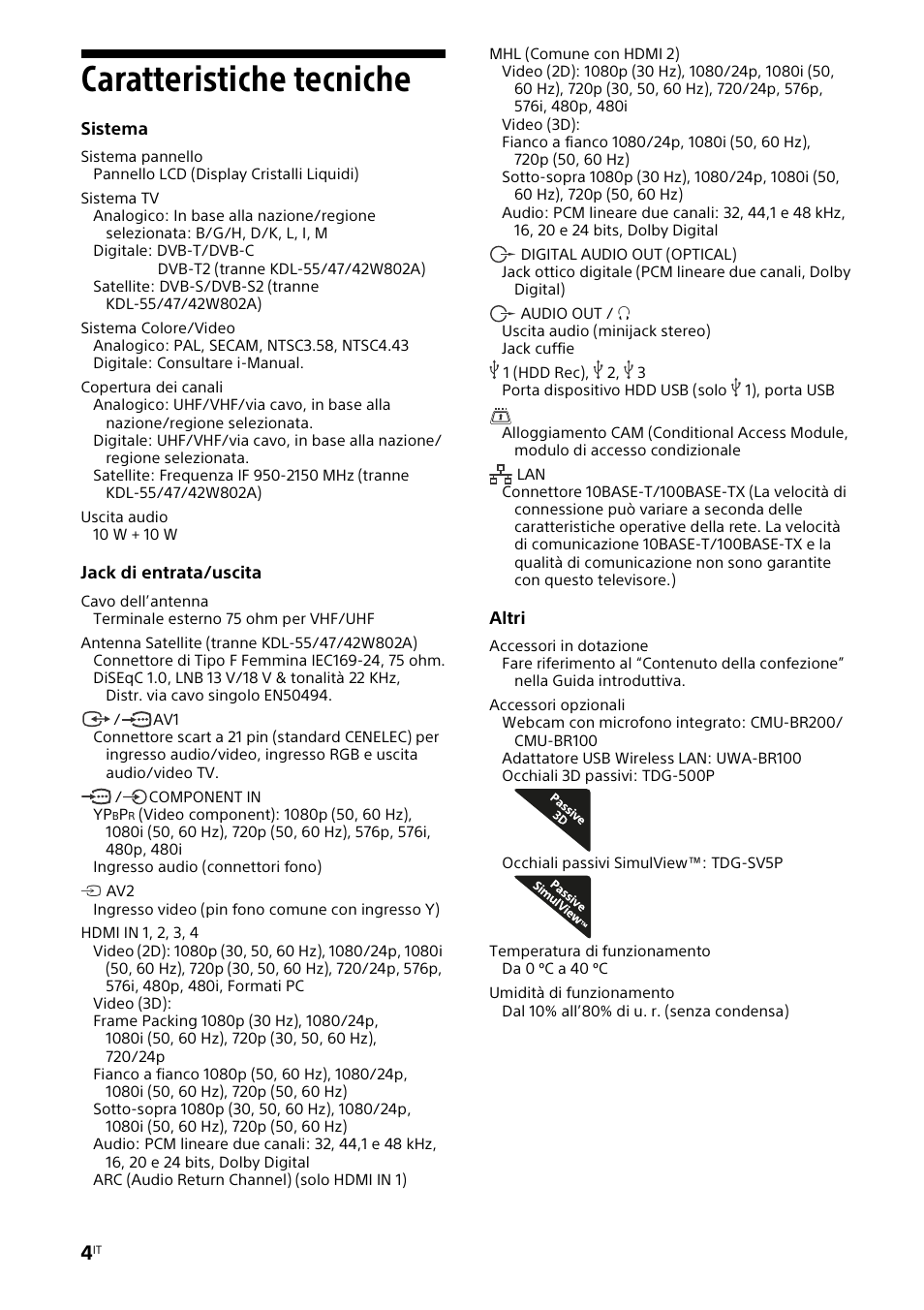 Caratteristiche tecniche | Sony KDL-42W805A User Manual | Page 28 / 92