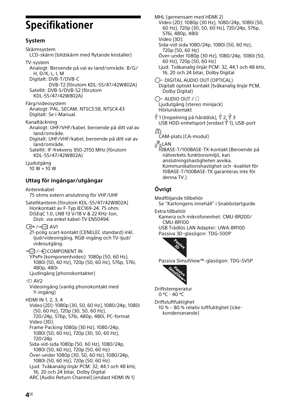 Specifikationer | Sony KDL-42W805A User Manual | Page 34 / 92