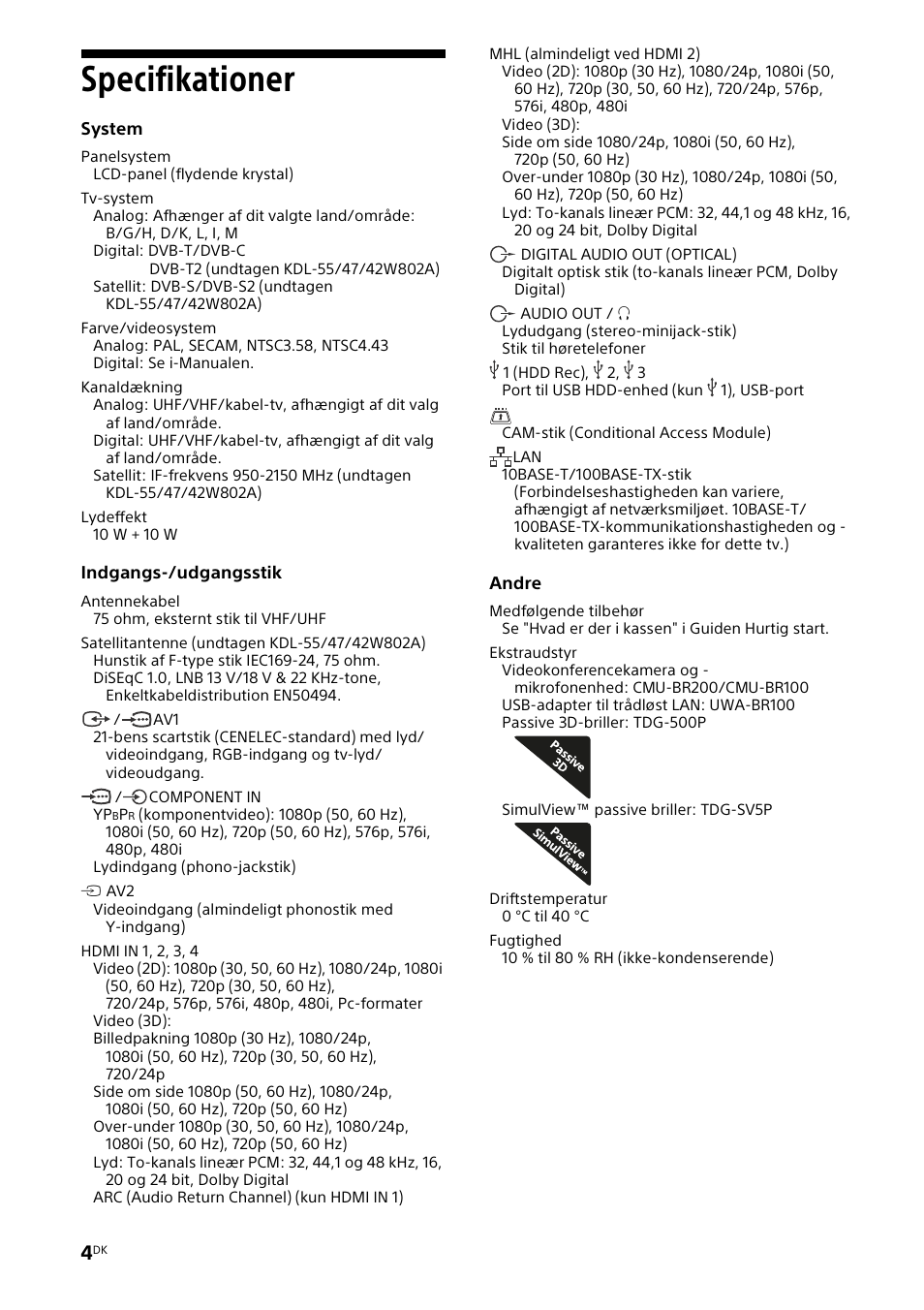 Specifikationer | Sony KDL-42W805A User Manual | Page 38 / 92