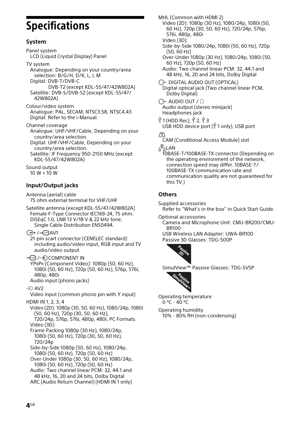 Specifications | Sony KDL-42W805A User Manual | Page 4 / 92