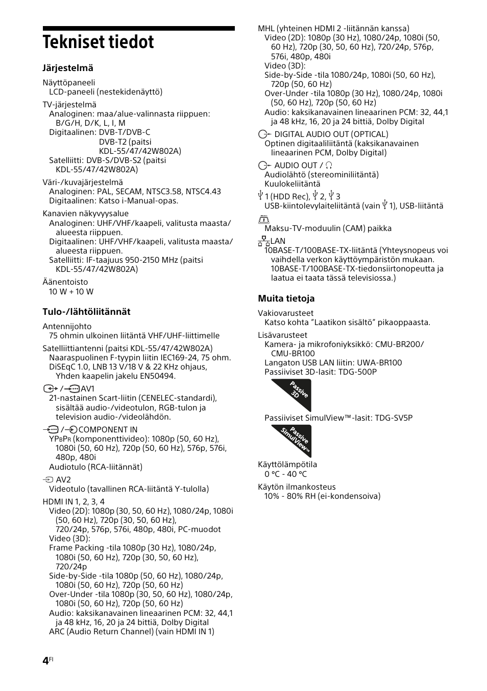 Tekniset tiedot | Sony KDL-42W805A User Manual | Page 42 / 92