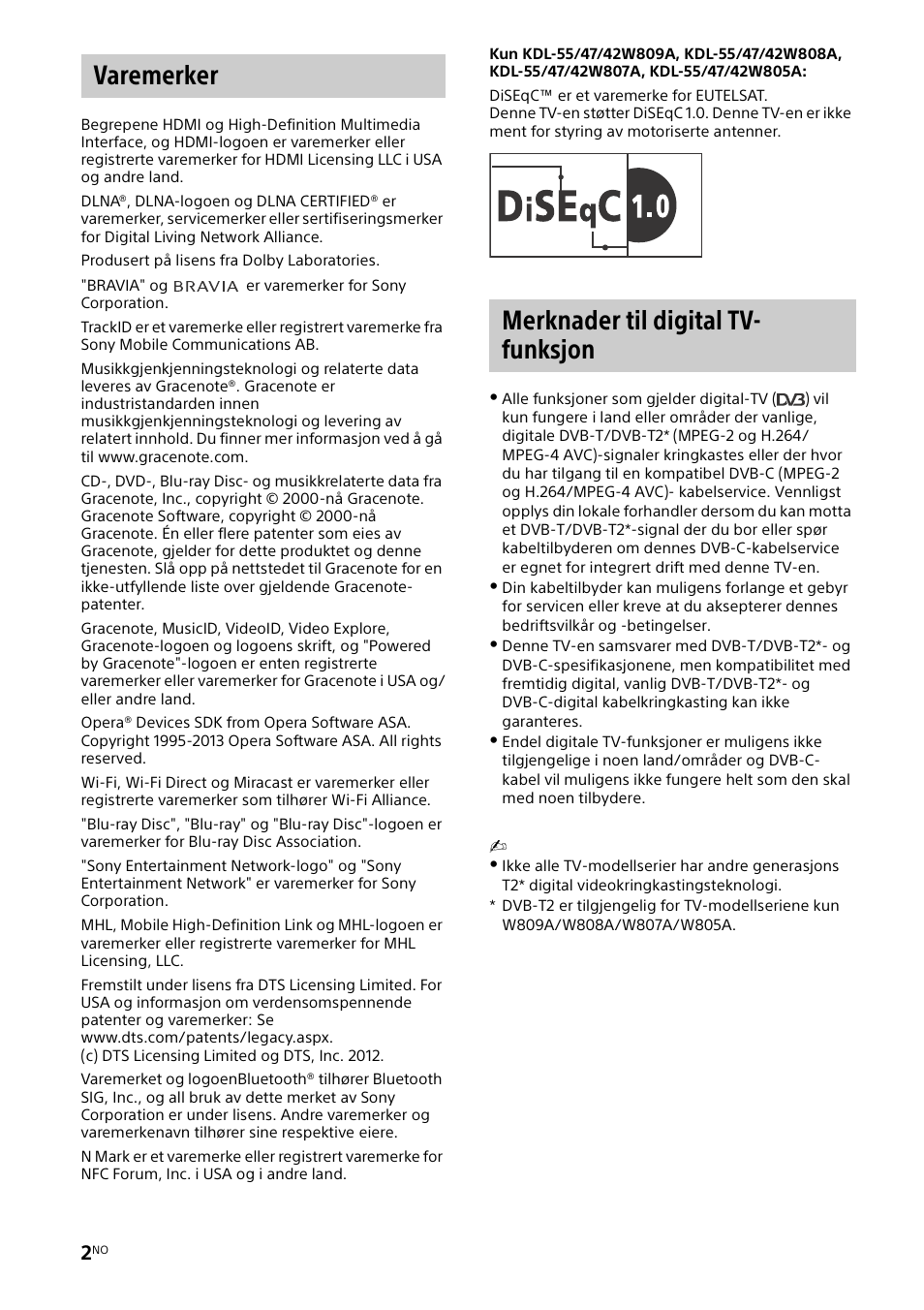 Varemerker merknader til digital tv- funksjon | Sony KDL-42W805A User Manual | Page 44 / 92