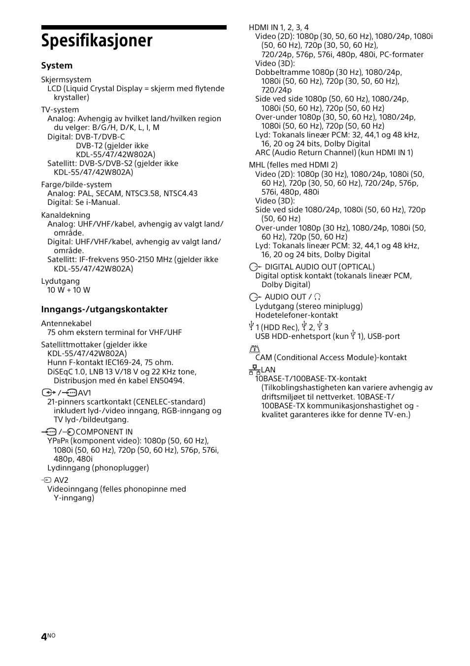 Spesifikasjoner | Sony KDL-42W805A User Manual | Page 46 / 92