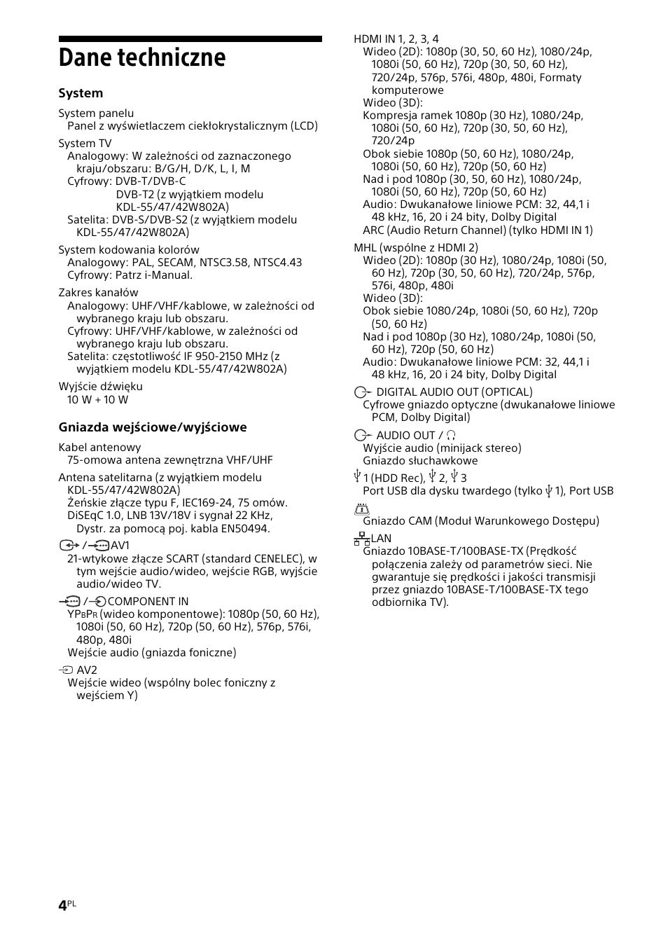 Dane techniczne | Sony KDL-42W805A User Manual | Page 50 / 92