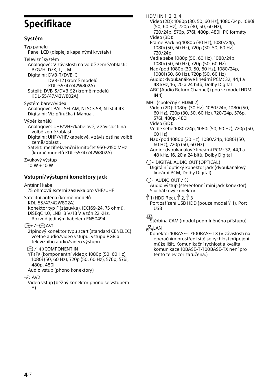 Specifikace | Sony KDL-42W805A User Manual | Page 54 / 92