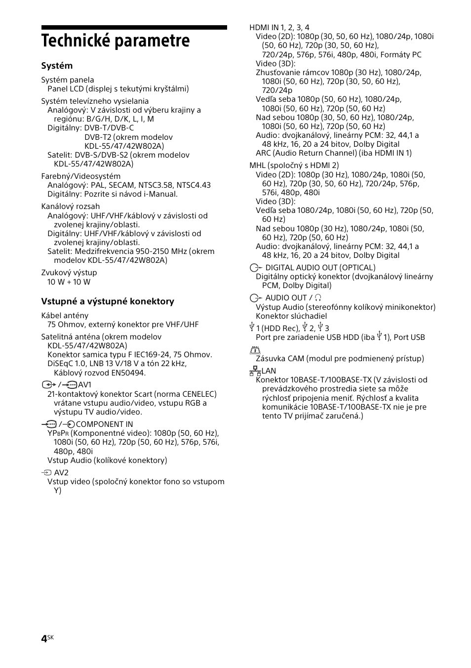 Technické parametre | Sony KDL-42W805A User Manual | Page 58 / 92