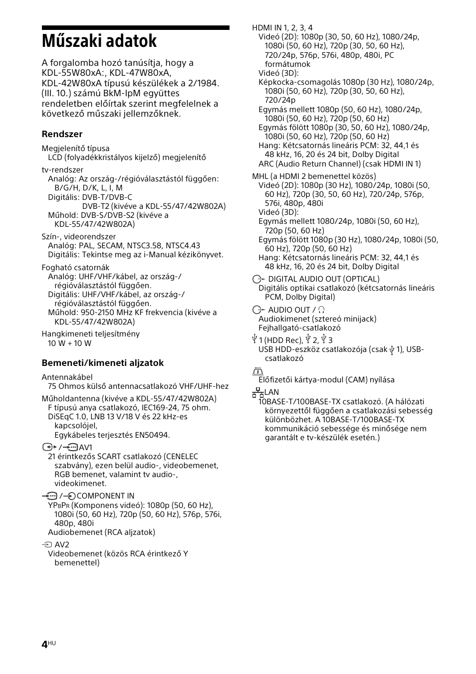 Műszaki adatok | Sony KDL-42W805A User Manual | Page 62 / 92