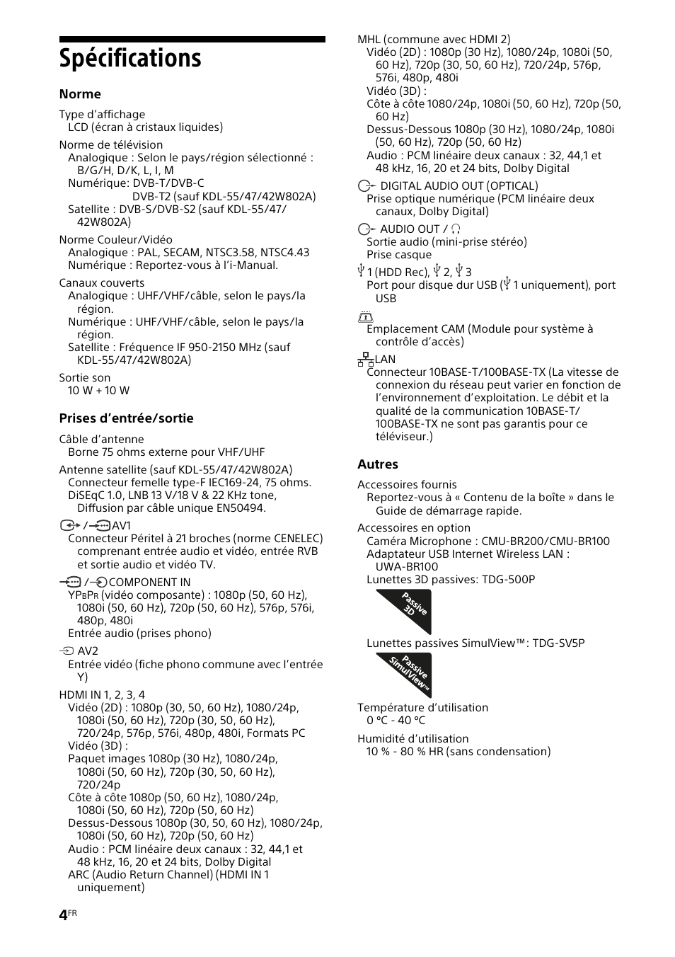 Spécifications | Sony KDL-42W805A User Manual | Page 8 / 92