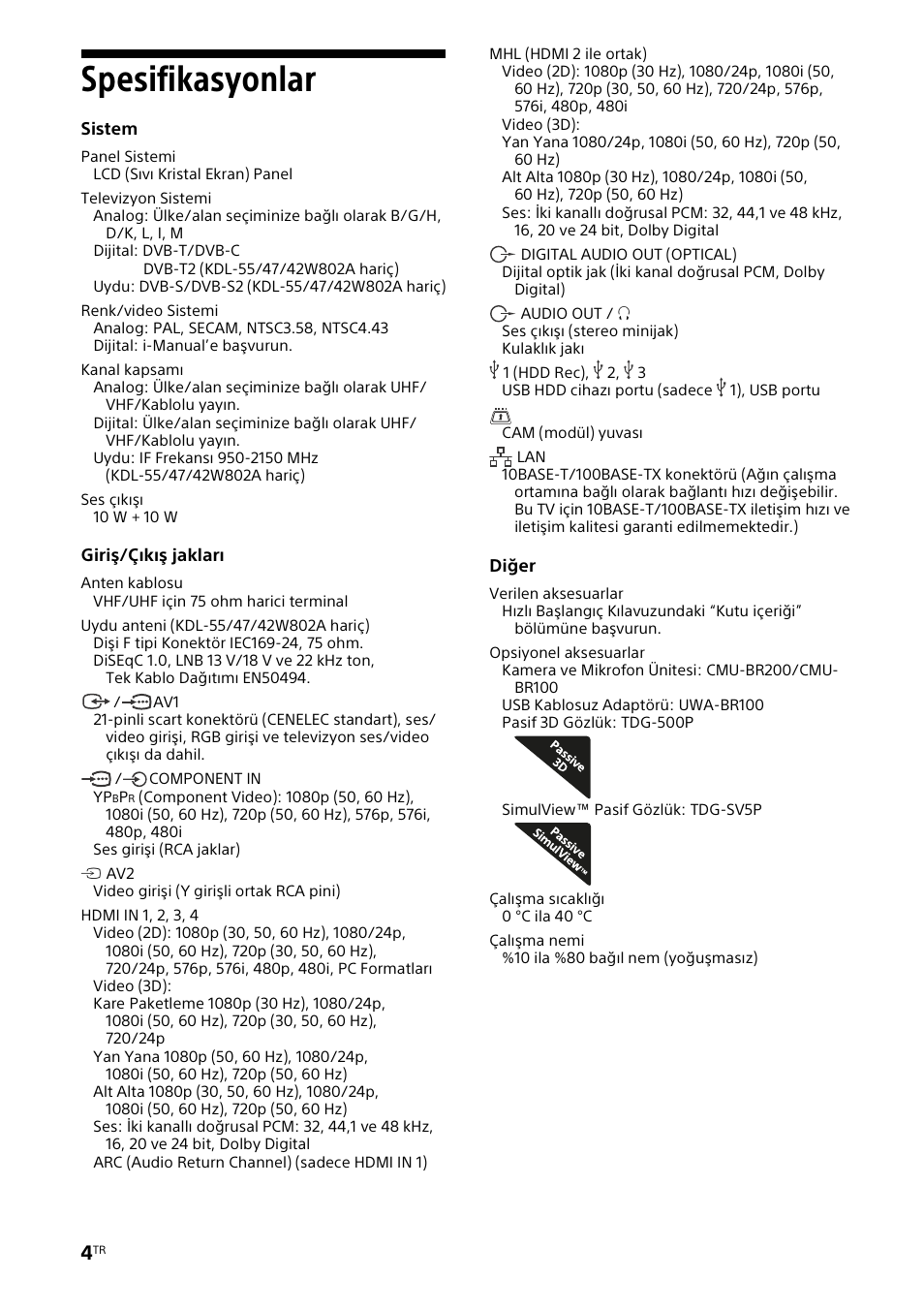 Spesifikasyonlar | Sony KDL-42W805A User Manual | Page 80 / 92