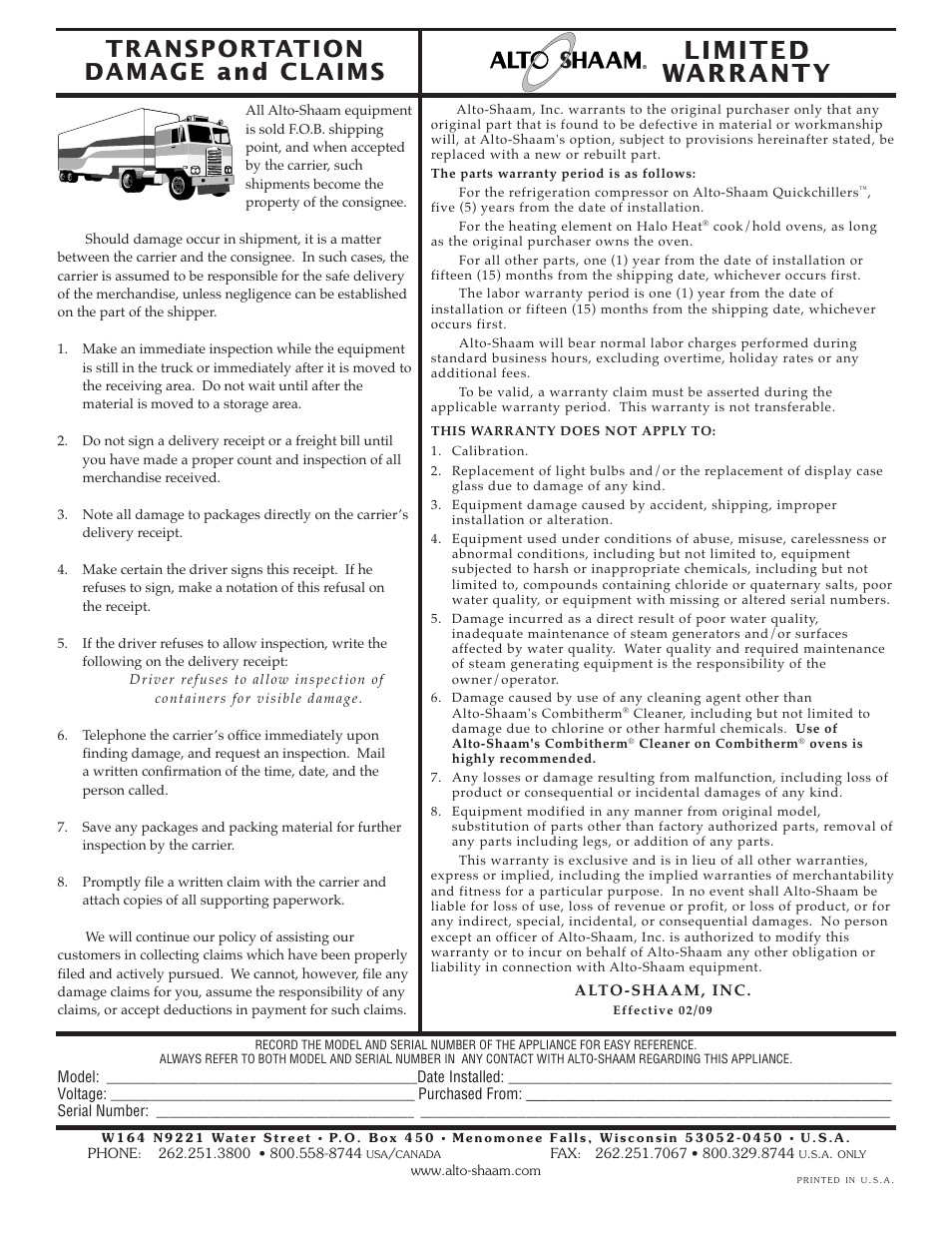 Limited warranty, Transportation damage and claims | Alto-Shaam 1000-S User Manual | Page 45 / 45