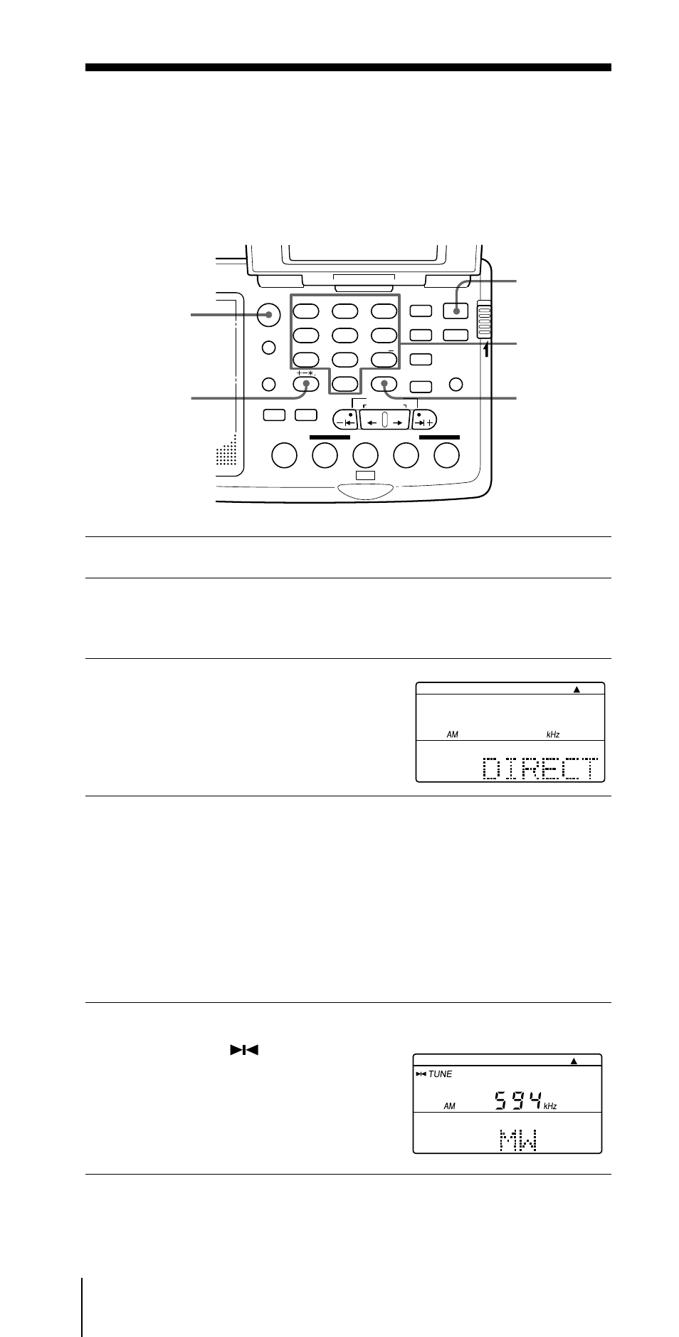 Ouvir rádio, Os modos de sintonização, Sintonização directa | Sintonização manual sintonização por pesquisa, Carregue em power on/off para ligar o rádio, Carregue em fm/am para seleccionar as bandas, Carregue em direct, Carregue em exe para confirmar a introdução, A indicação, Aparece no visor quando sintonizar a estação | Sony ICF-SW07 User Manual | Page 116 / 252
