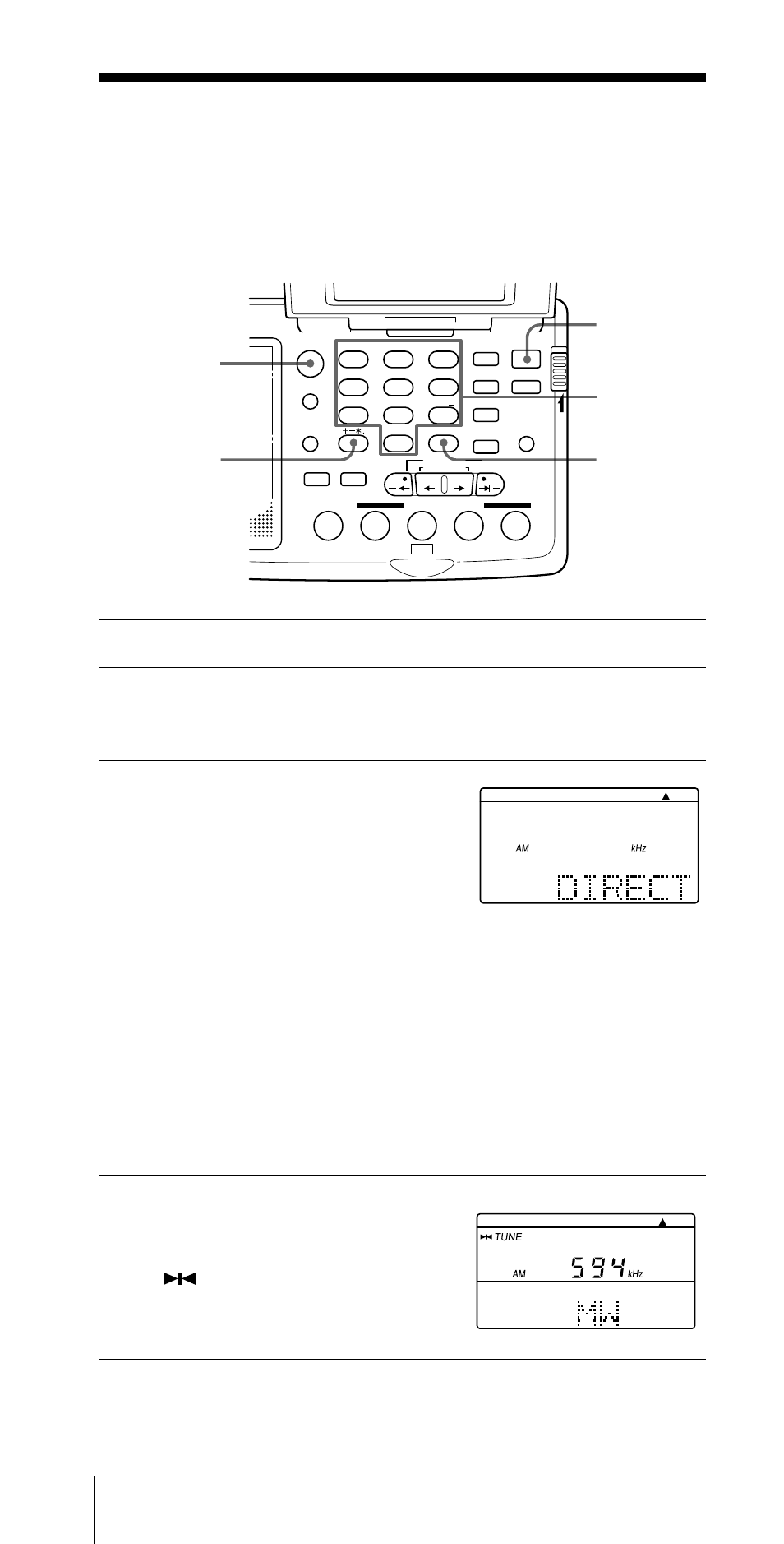 Ascolto della radio, Modi di ricezione diversi, Sintonia diretta | Sintonia diretta sintonia manuale, Premere power on/off per accendere la radio, Premere fm/am per selezionare una delle due bande, Premere direct, Premere exe per eseguire, La frequenza scompare e nel display appare “direct, Power on/off fm/am exe direct tasti numerici | Sony ICF-SW07 User Manual | Page 216 / 252