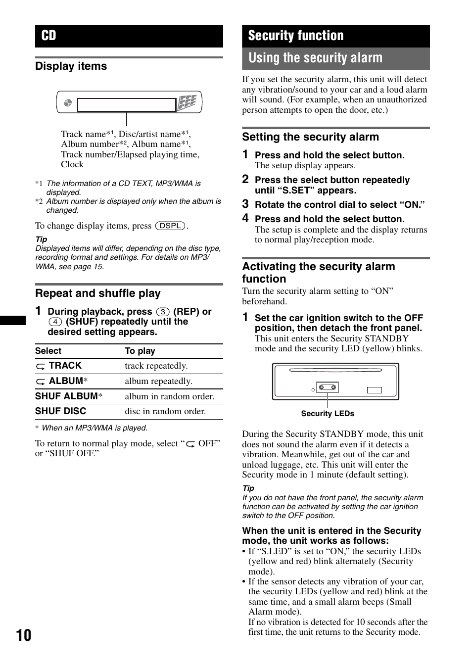 Display items, Repeat and shuffle play, Security function | Using the security alarm, Setting the security alarm, Activating the security alarm function, Display items repeat and shuffle play, Security function using the security alarm | Sony CDX-GT383A User Manual | Page 10 / 104