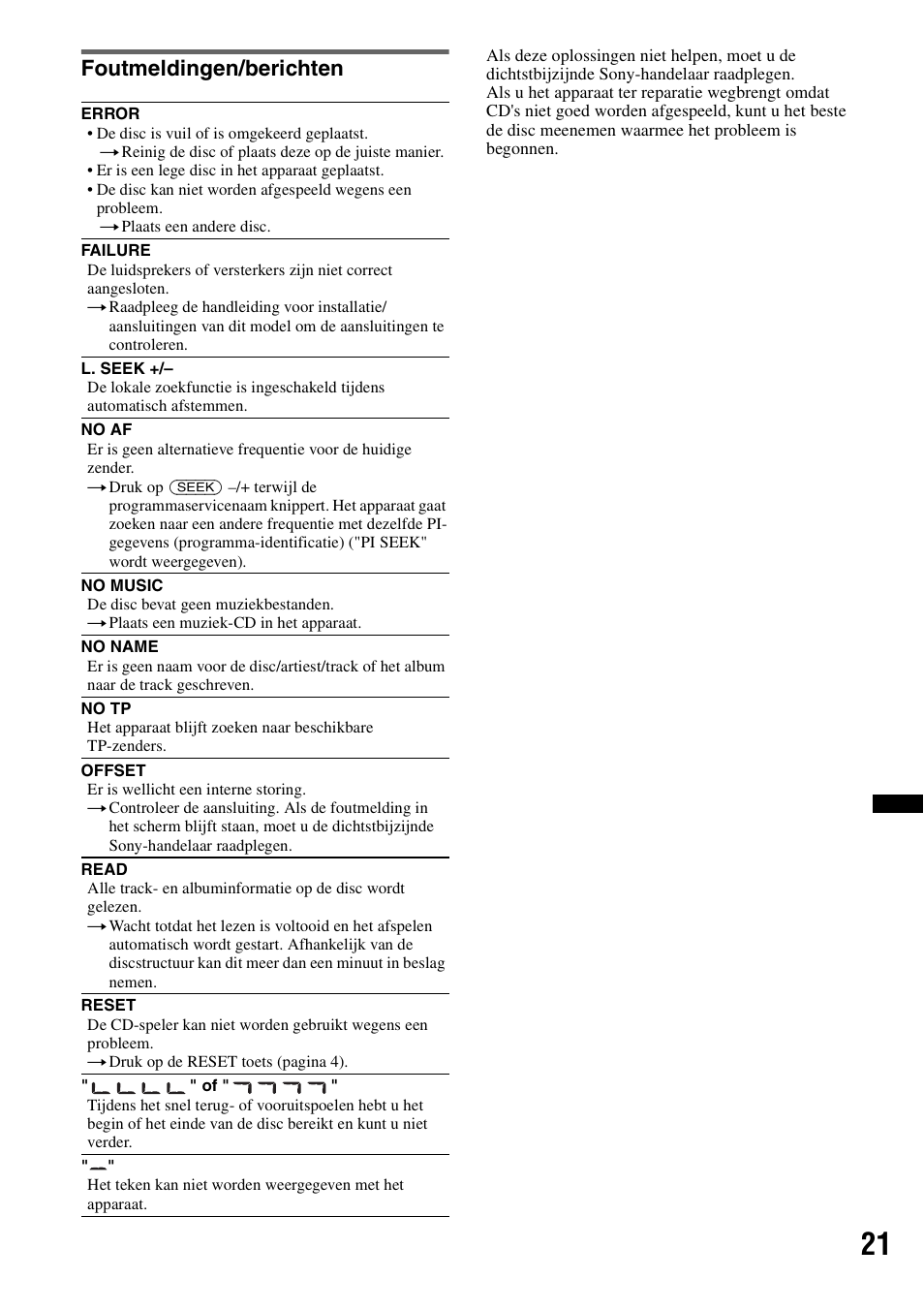 Foutmeldingen/berichten | Sony CDX-GT383A User Manual | Page 101 / 104