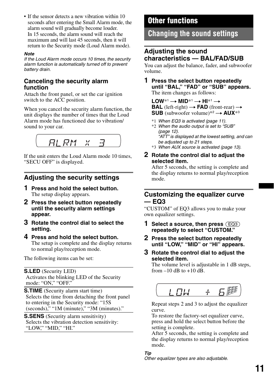 Adjusting the security settings, Other functions, Changing the sound settings | Adjusting the sound characteristics - bal/fad/sub, Customizing the equalizer curve - eq3, Other functions changing the sound settings | Sony CDX-GT383A User Manual | Page 11 / 104