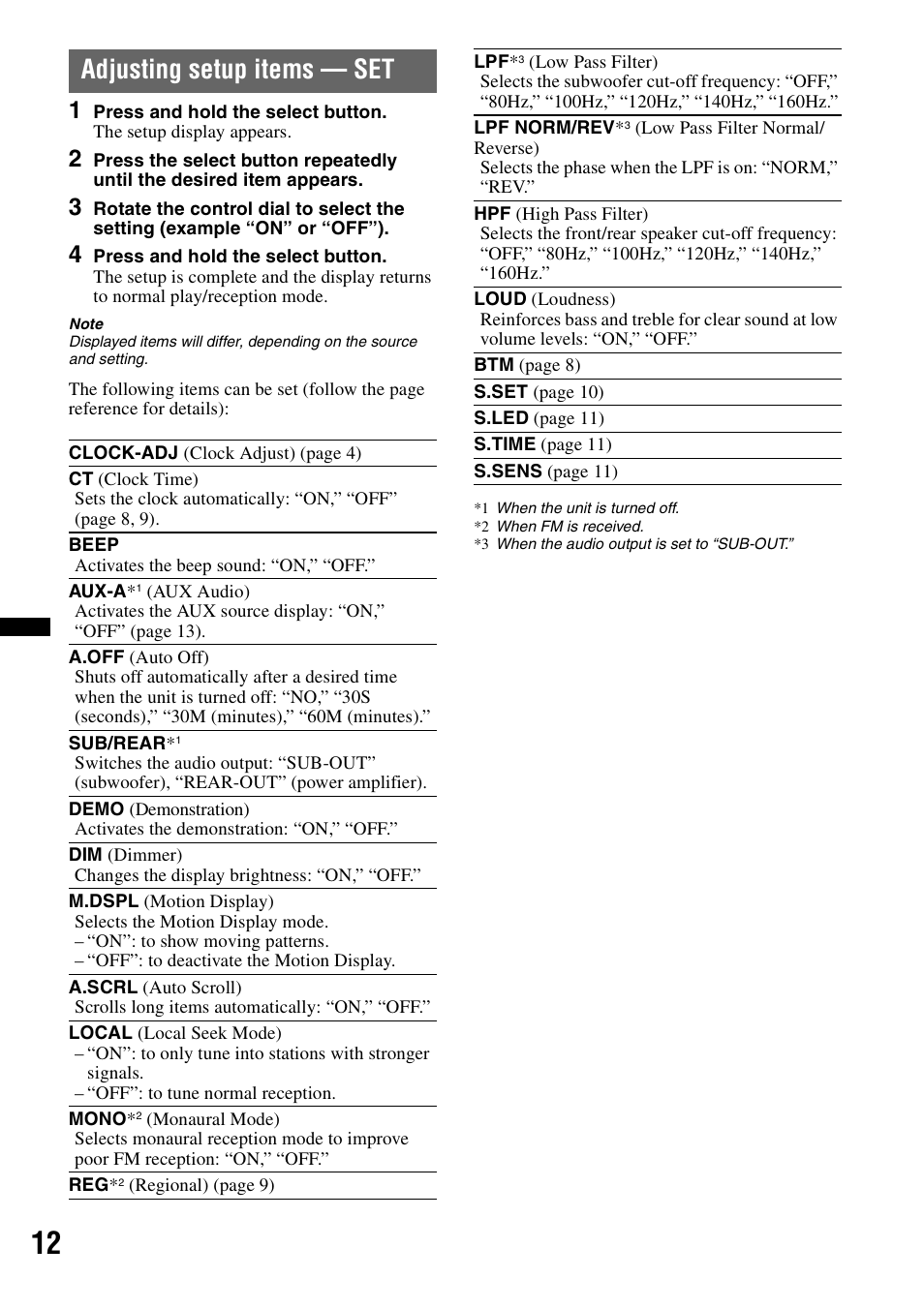 Adjusting setup items - set, Adjusting setup items — set | Sony CDX-GT383A User Manual | Page 12 / 104