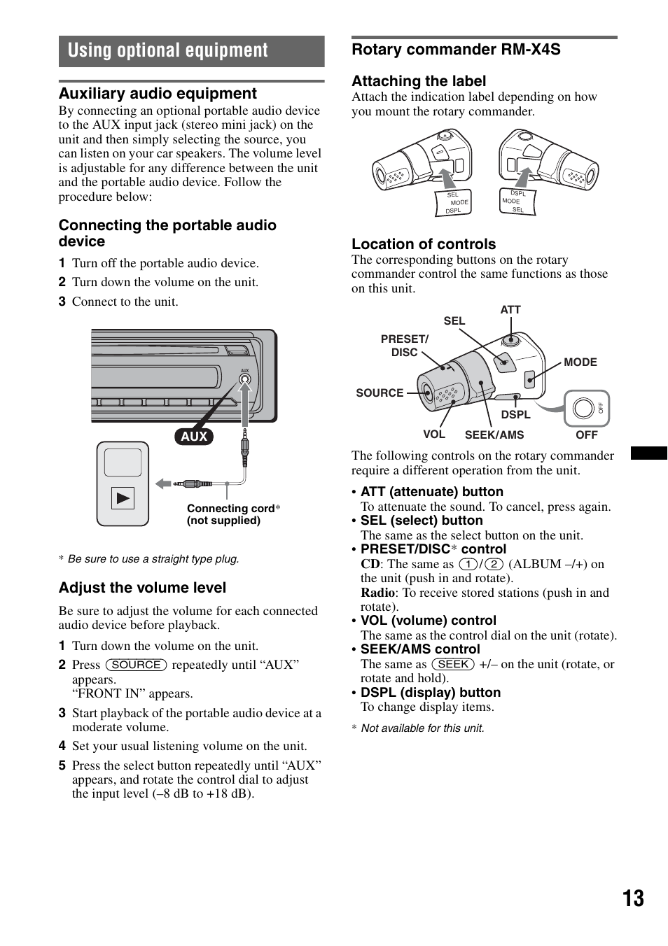 Using optional equipment, Auxiliary audio equipment, Rotary commander rm-x4s | Auxiliary audio equipment rotary commander rm-x4s, Connecting the portable audio device, Adjust the volume level, Attaching the label, Location of controls | Sony CDX-GT383A User Manual | Page 13 / 104