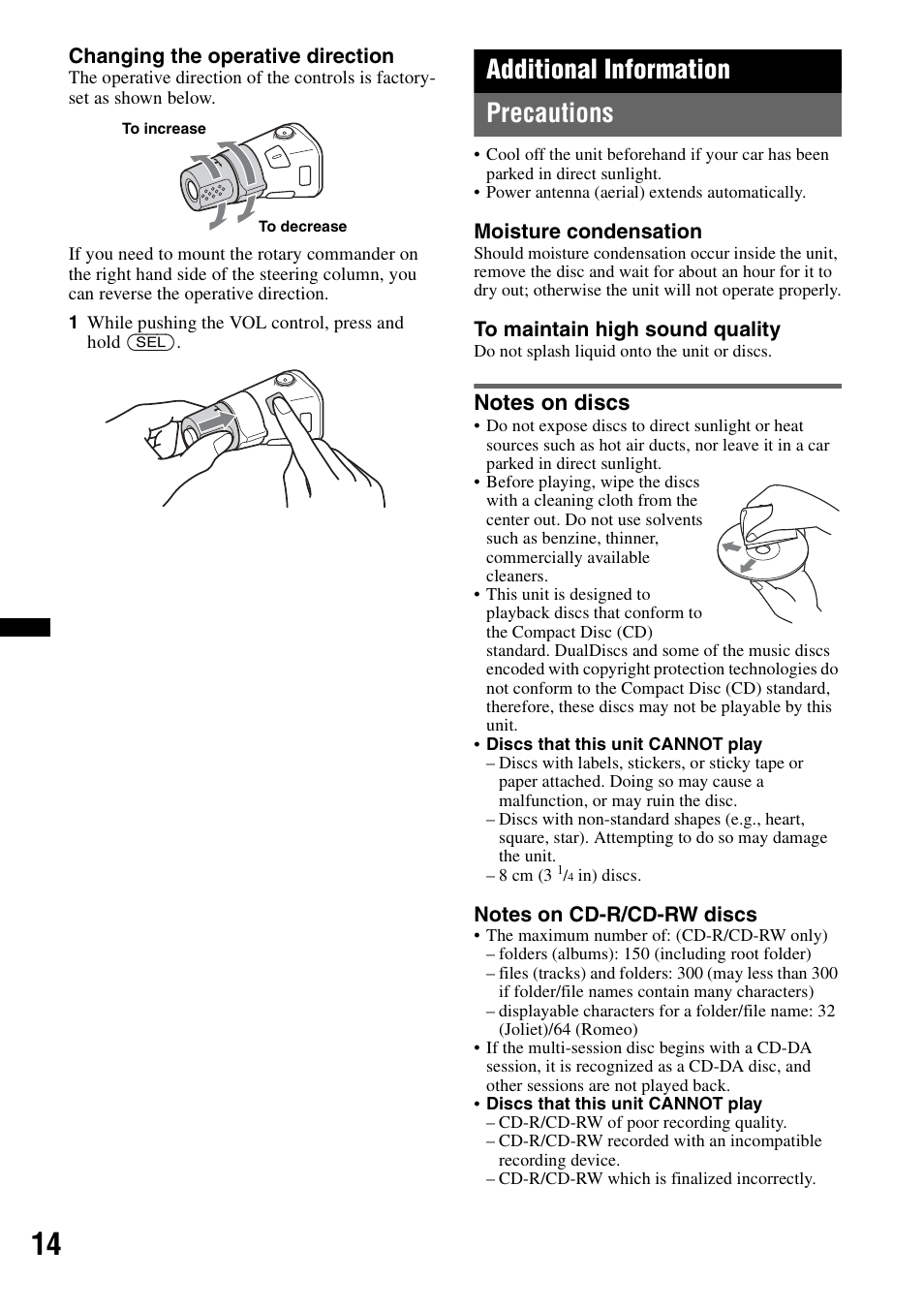 Additional information, Precautions, Notes on discs | Additional information precautions | Sony CDX-GT383A User Manual | Page 14 / 104