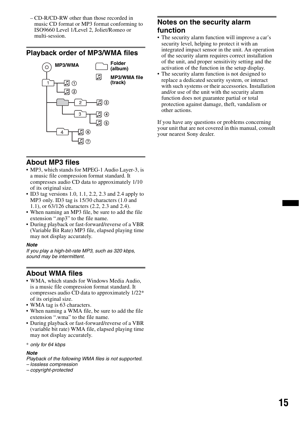 Playback order of mp3/wma files, About mp3 files, About wma files | Notes on the security alarm function, Playback order of mp3/wma files about mp3 files | Sony CDX-GT383A User Manual | Page 15 / 104