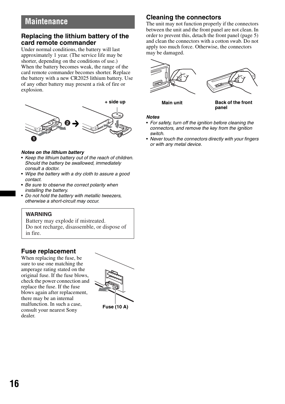 Maintenance | Sony CDX-GT383A User Manual | Page 16 / 104