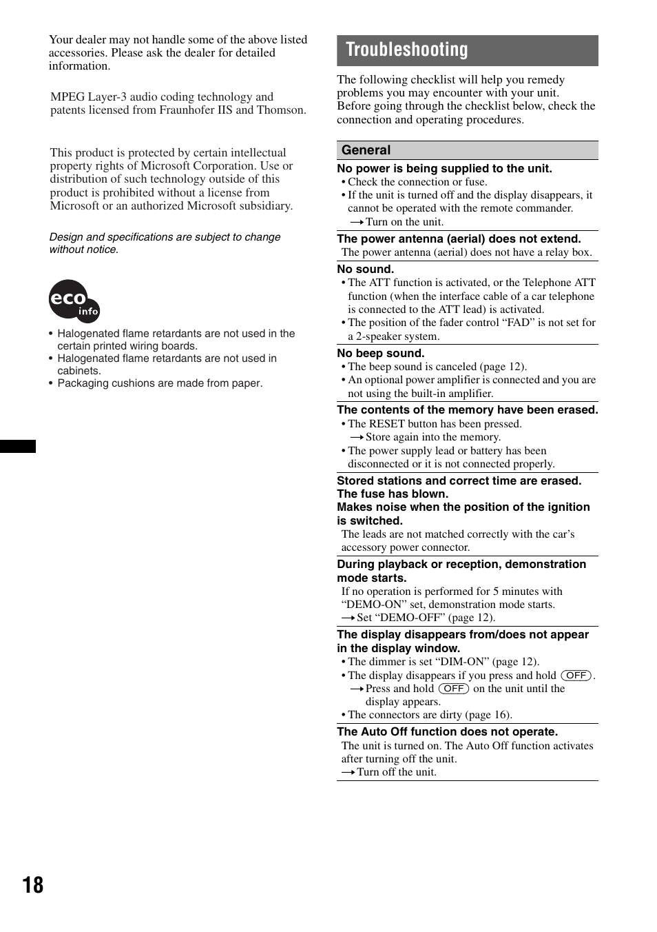 Troubleshooting | Sony CDX-GT383A User Manual | Page 18 / 104