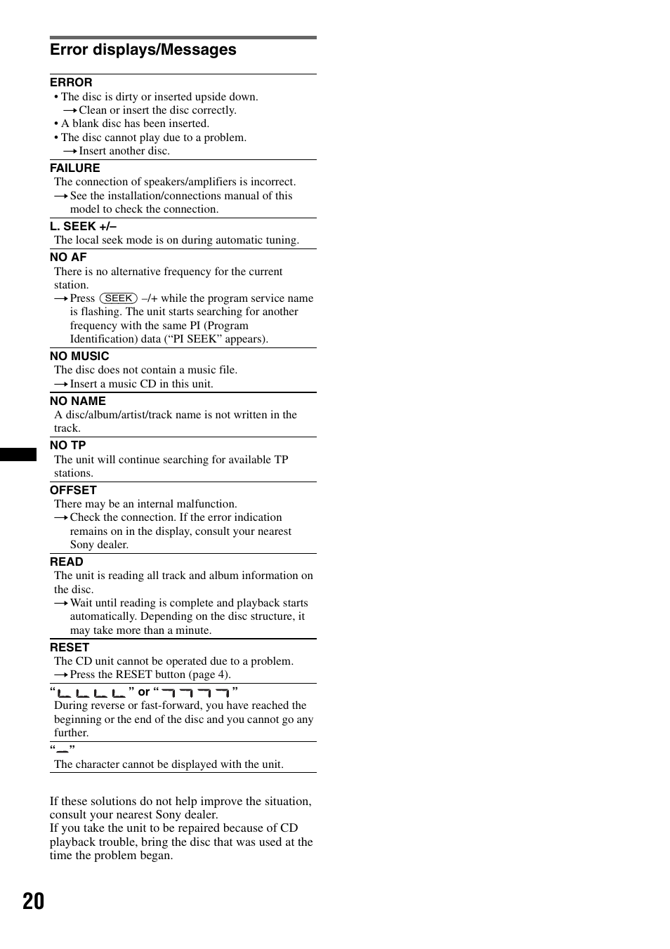 Error displays/messages | Sony CDX-GT383A User Manual | Page 20 / 104