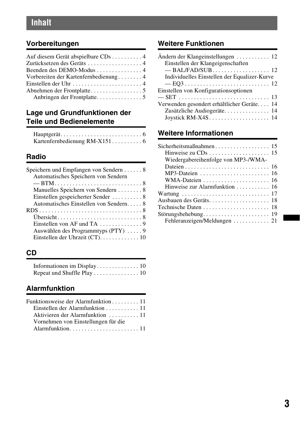 Inhalt | Sony CDX-GT383A User Manual | Page 23 / 104