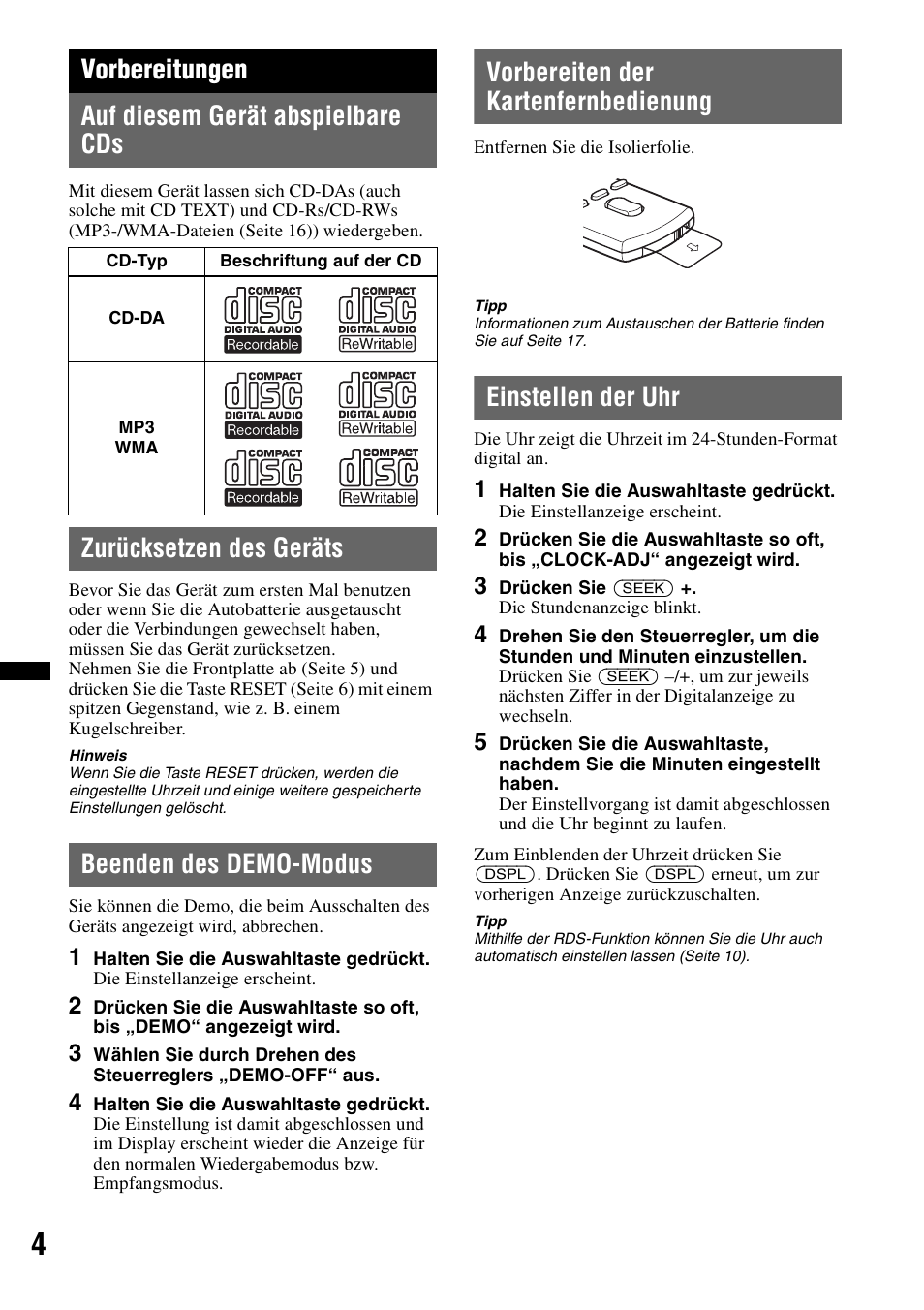 Vorbereitungen, Auf diesem gerät abspielbare cds, Zurücksetzen des geräts | Beenden des demo-modus, Vorbereiten der kartenfernbedienung, Einstellen der uhr, Vorbereitungen auf diesem gerät abspielbare cds | Sony CDX-GT383A User Manual | Page 24 / 104