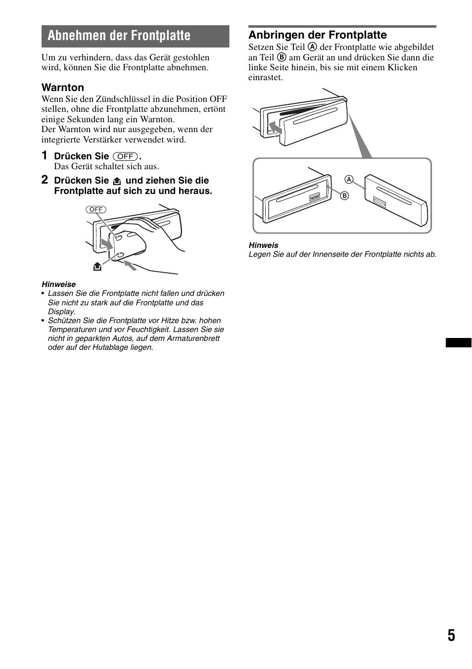 Abnehmen der frontplatte, Anbringen der frontplatte, Seite 5) | Sony CDX-GT383A User Manual | Page 25 / 104