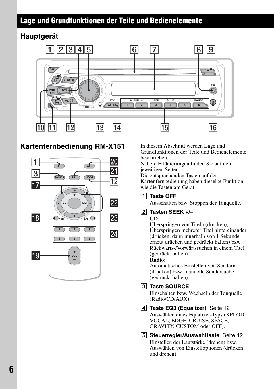 Hauptgerät, Kartenfernbedienung rm-x151, Hauptgerät kartenfernbedienung rm-x151 | Et (seite 6), 3wa qs 1 wd qj qk w; ql wf ws | Sony CDX-GT383A User Manual | Page 26 / 104