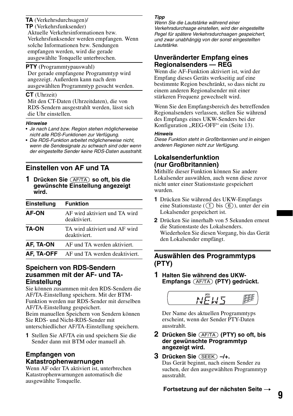 Einstellen von af und ta, Auswählen des programmtyps (pty), Seite 9 | Sony CDX-GT383A User Manual | Page 29 / 104