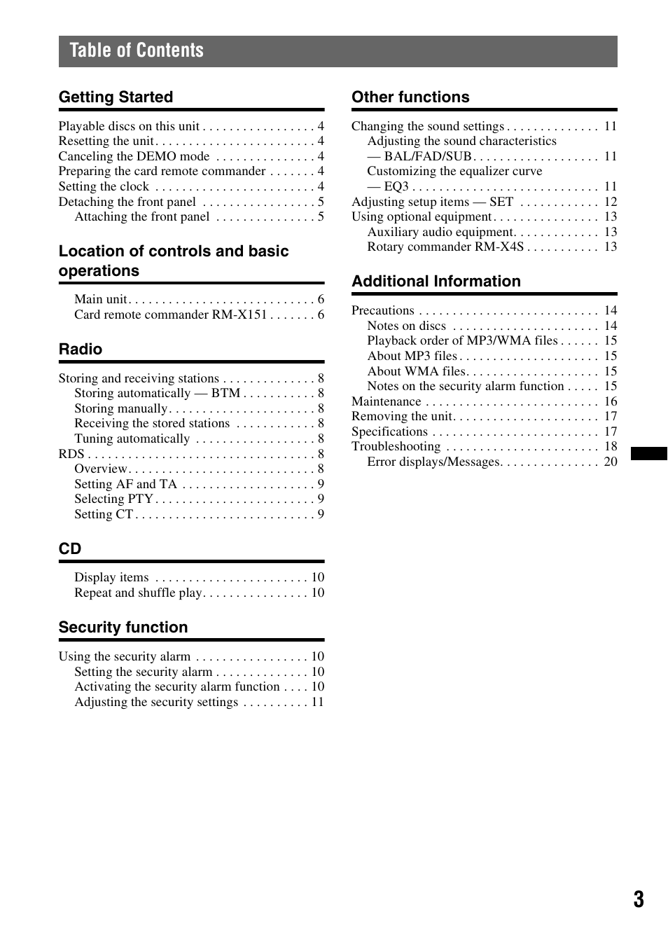 Sony CDX-GT383A User Manual | Page 3 / 104
