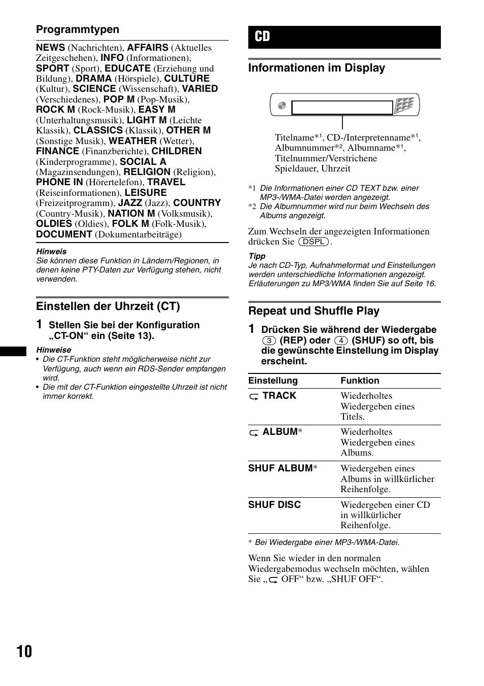 Einstellen der uhrzeit (ct), Informationen im display, Repeat und shuffle play | Informationen im display repeat und shuffle play, Seite 10), Ep seite 10, Seite 10 | Sony CDX-GT383A User Manual | Page 30 / 104