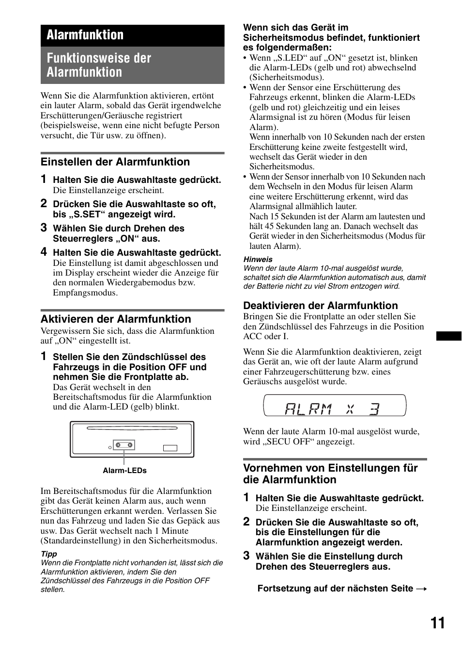 Alarmfunktion, Funktionsweise der alarmfunktion, Einstellen der alarmfunktion | Aktivieren der alarmfunktion, Vornehmen von einstellungen für die alarmfunktion, Alarmfunktion funktionsweise der alarmfunktion | Sony CDX-GT383A User Manual | Page 31 / 104