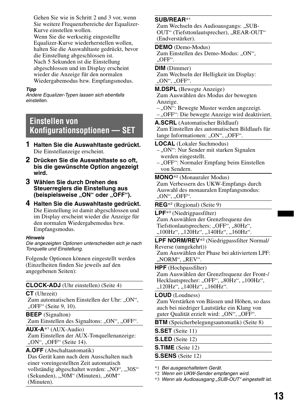 Einstellen von konfigurationsoptionen - set, Einstellen von konfigurationsoptionen — set | Sony CDX-GT383A User Manual | Page 33 / 104