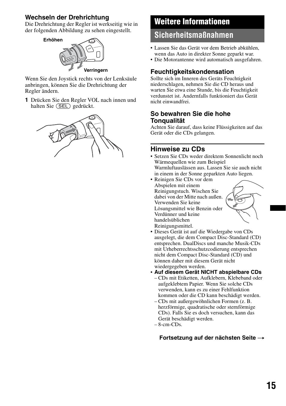 Weitere informationen, Sicherheitsmaßnahmen, Hinweise zu cds | Weitere informationen sicherheitsmaßnahmen | Sony CDX-GT383A User Manual | Page 35 / 104