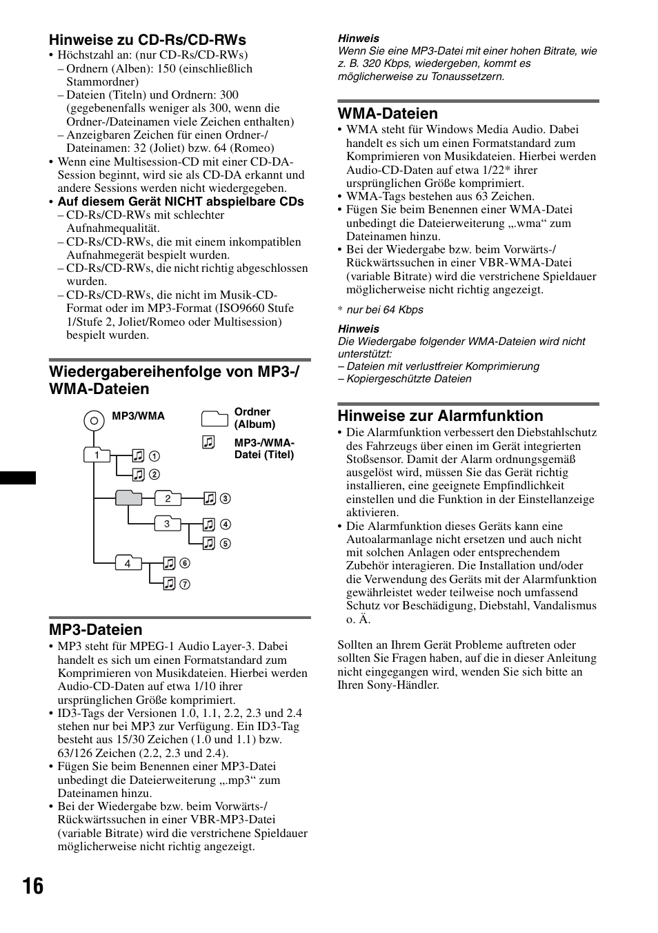 Wiedergabereihenfolge von mp3-/ wma-dateien, Mp3-dateien, Wma-dateien | Hinweise zur alarmfunktion, N (seite 16, Hinweise zu cd-rs/cd-rws | Sony CDX-GT383A User Manual | Page 36 / 104