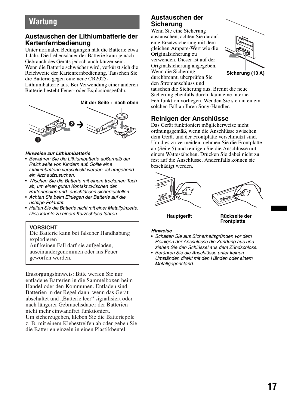 Wartung, Seite 17 | Sony CDX-GT383A User Manual | Page 37 / 104