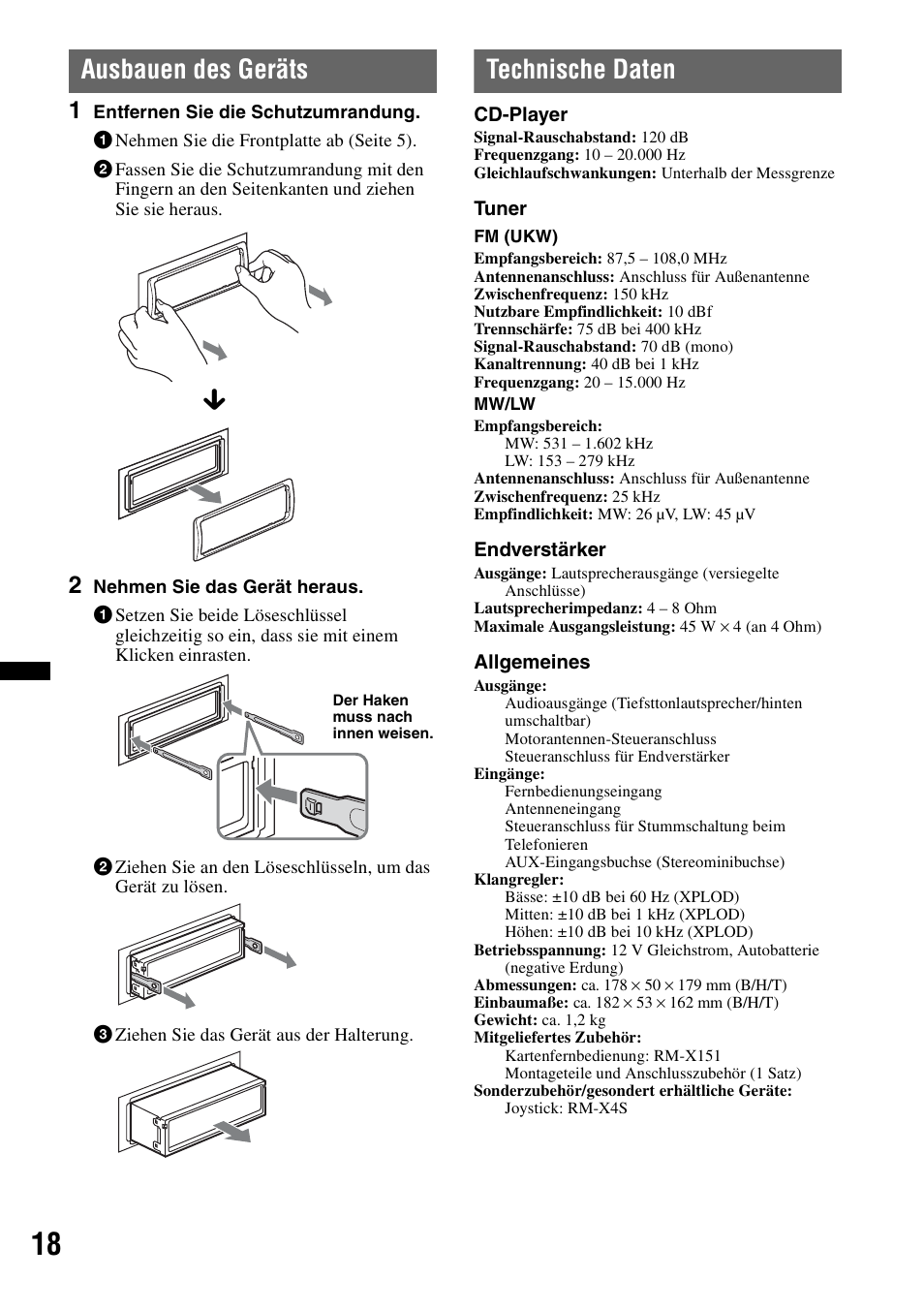 Ausbauen des geräts, Technische daten, Ausbauen des geräts technische daten | Sony CDX-GT383A User Manual | Page 38 / 104