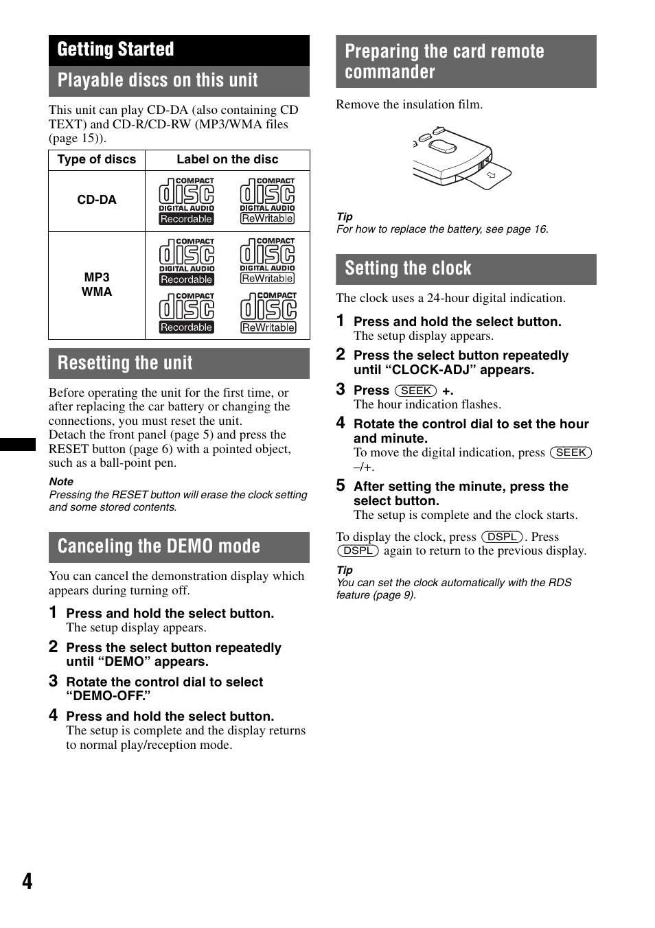 Getting started, Playable discs on this unit, Resetting the unit | Canceling the demo mode, Preparing the card remote commander, Setting the clock, Getting started playable discs on this unit | Sony CDX-GT383A User Manual | Page 4 / 104