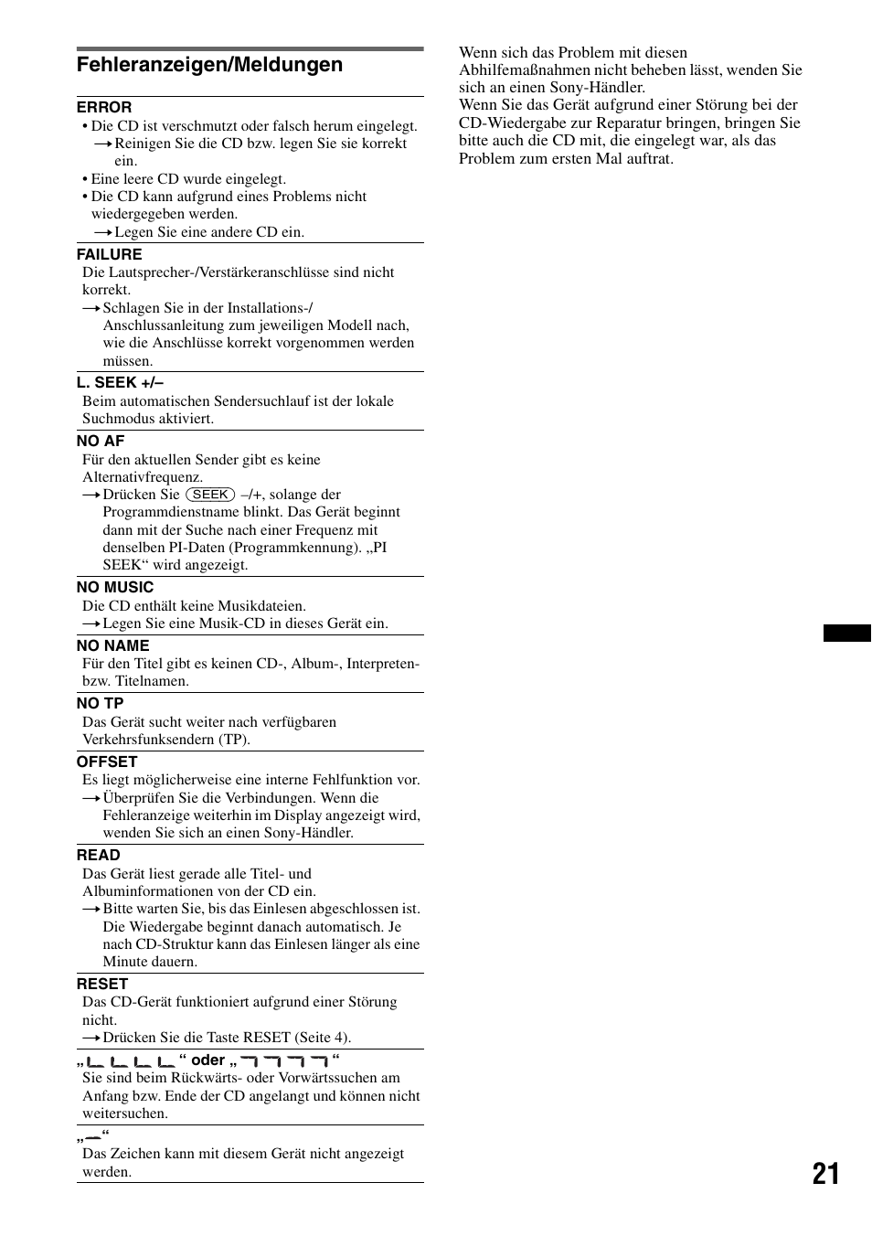 Fehleranzeigen/meldungen | Sony CDX-GT383A User Manual | Page 41 / 104