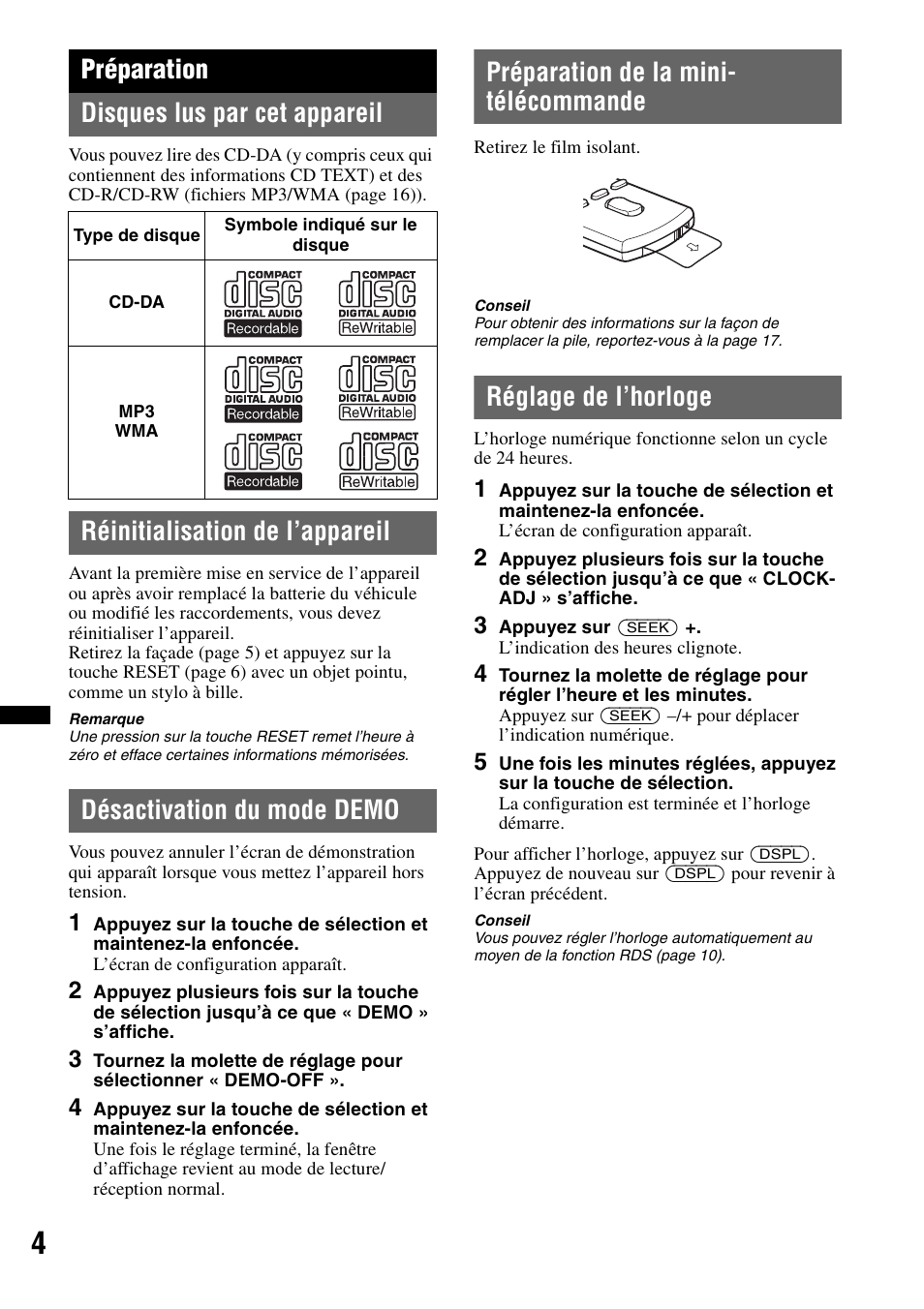 Préparation, Disques lus par cet appareil, Réinitialisation de l’appareil | Désactivation du mode demo, Préparation de la mini- télécommande, Réglage de l’horloge, Préparation disques lus par cet appareil | Sony CDX-GT383A User Manual | Page 44 / 104