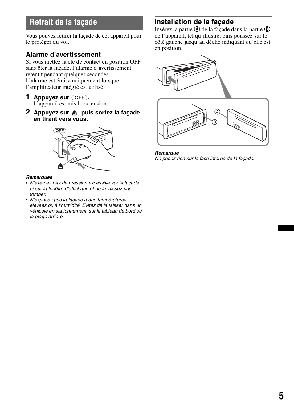 Retrait de la façade, Installation de la façade | Sony CDX-GT383A User Manual | Page 45 / 104