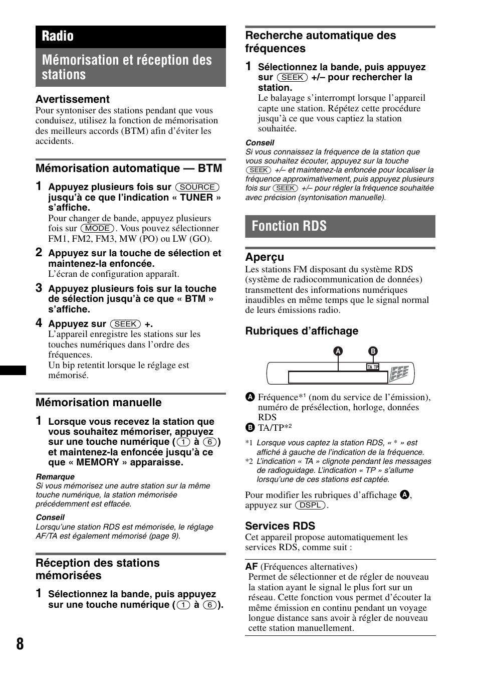 Radio, Mémorisation et réception des stations, Mémorisation automatique - btm | Mémorisation manuelle, Réception des stations mémorisées, Recherche automatique des fréquences, Fonction rds, Aperçu, Radio mémorisation et réception des stations | Sony CDX-GT383A User Manual | Page 48 / 104
