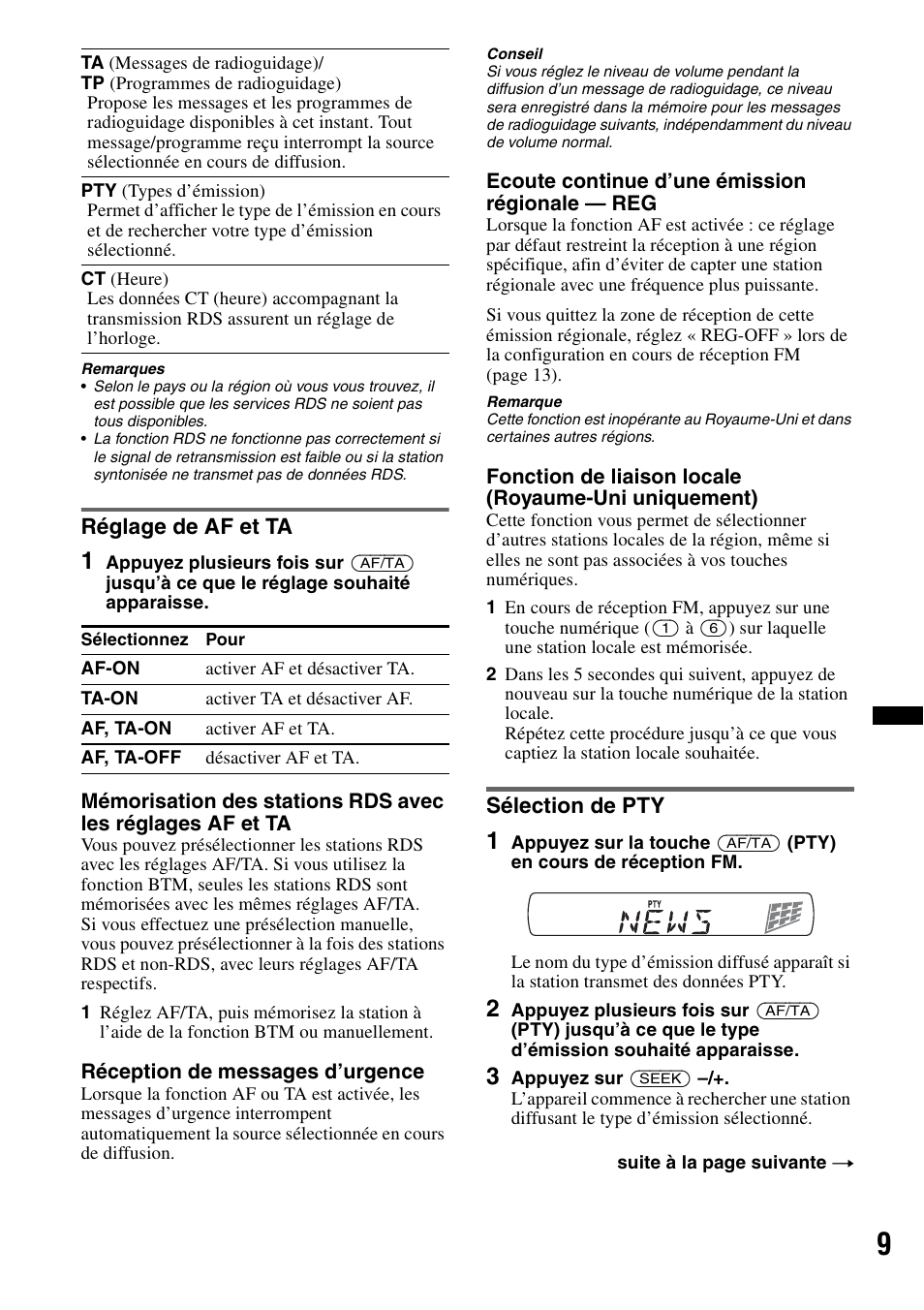 Réglage de af et ta, Sélection de pty, Réglage de af et ta sélection de pty | Sony CDX-GT383A User Manual | Page 49 / 104