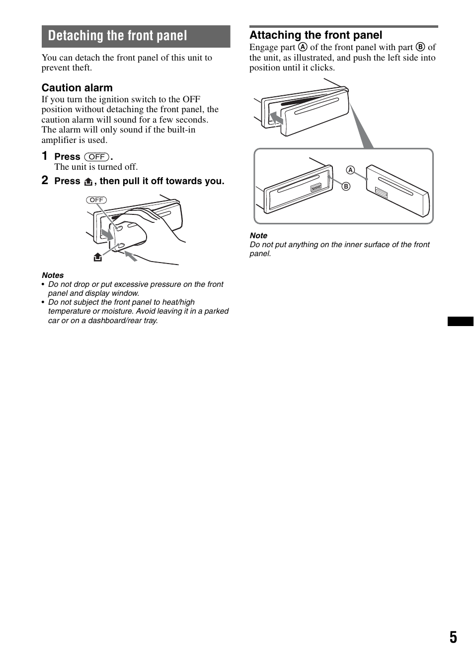 Detaching the front panel, Attaching the front panel | Sony CDX-GT383A User Manual | Page 5 / 104