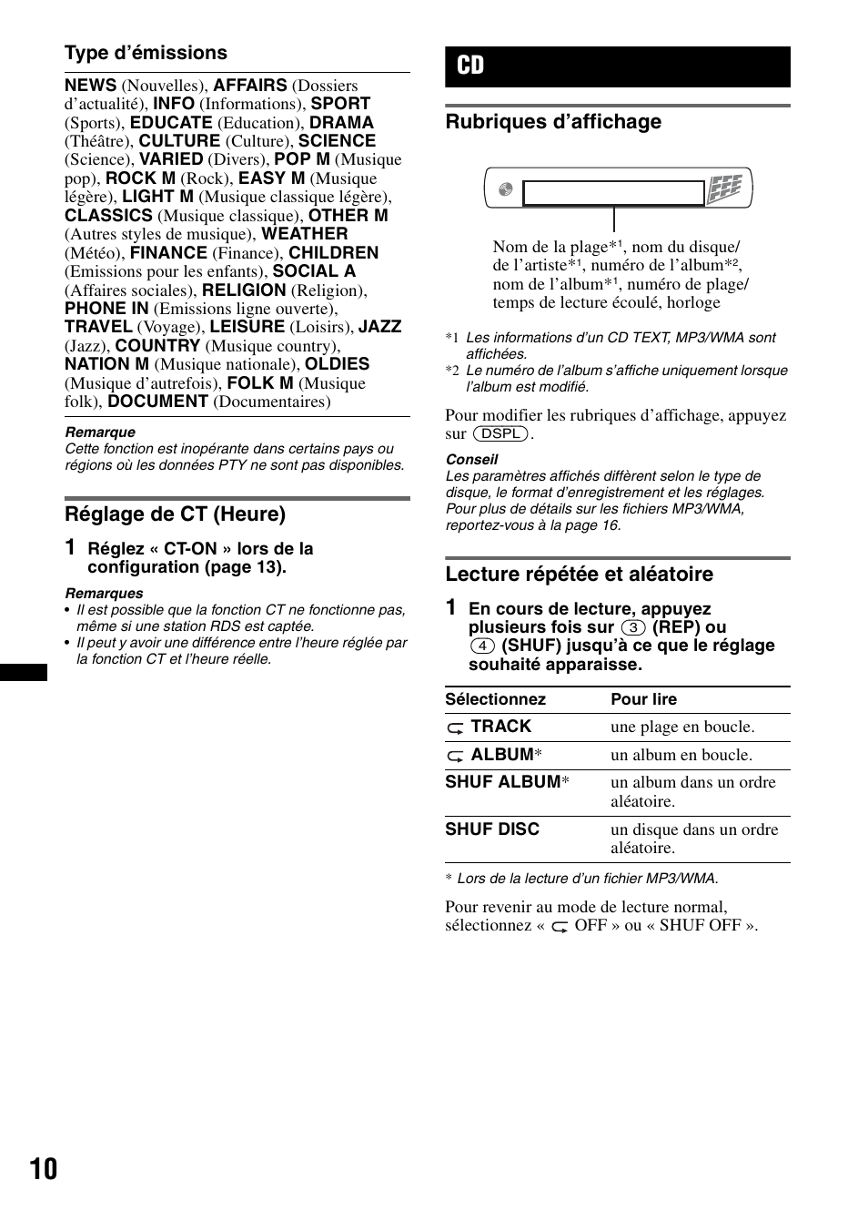 Réglage de ct (heure), Rubriques d’affichage, Lecture répétée et aléatoire | Réglage de ct, Rubriques d’affichage lecture répétée et aléatoire | Sony CDX-GT383A User Manual | Page 50 / 104