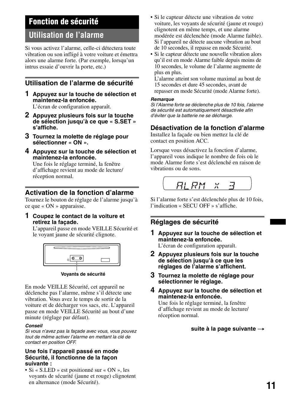Fonction de sécurité, Utilisation de l’alarme, Utilisation de l’alarme de sécurité | Activation de la fonction d’alarme, Réglages de sécurité, Fonction de sécurité utilisation de l’alarme | Sony CDX-GT383A User Manual | Page 51 / 104