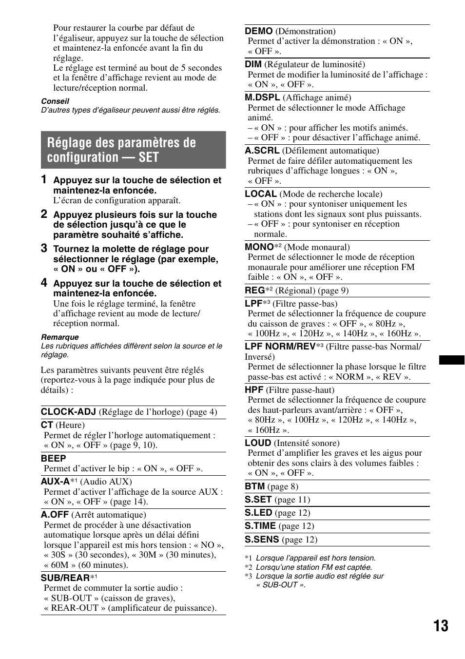 Réglage des paramètres de configuration - set, Réglage des paramètres de configuration — set | Sony CDX-GT383A User Manual | Page 53 / 104